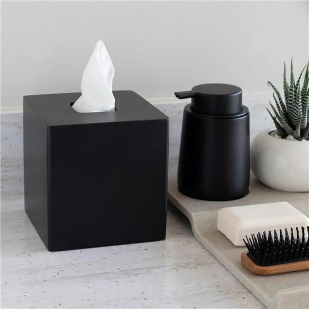 Matte black square tissue box cover decorative tissue holder for bathroom office
